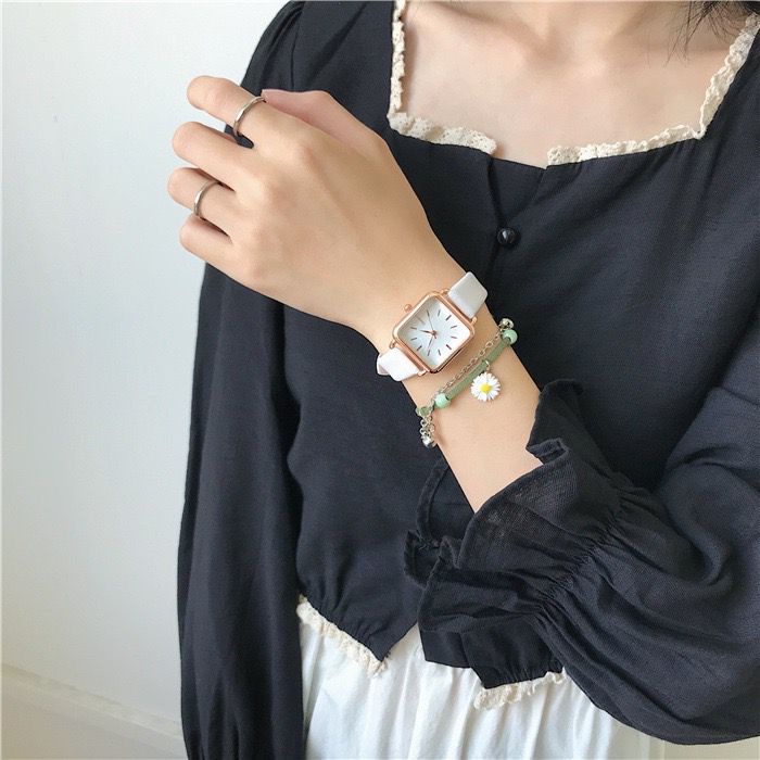 Jam Tangan Quartz Strap PU Analog Casual Gaya Retro Wanita Persegi Watch Korean Fashion RM029-PUTIH