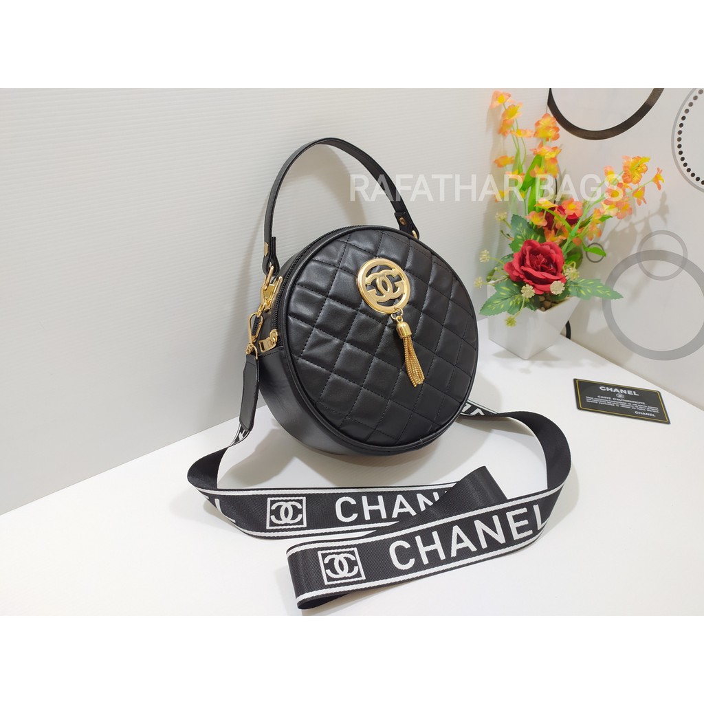 PROMO!!!Tas slempang wanita CHANE.LL bulat Top handle bag bahan bordir halus