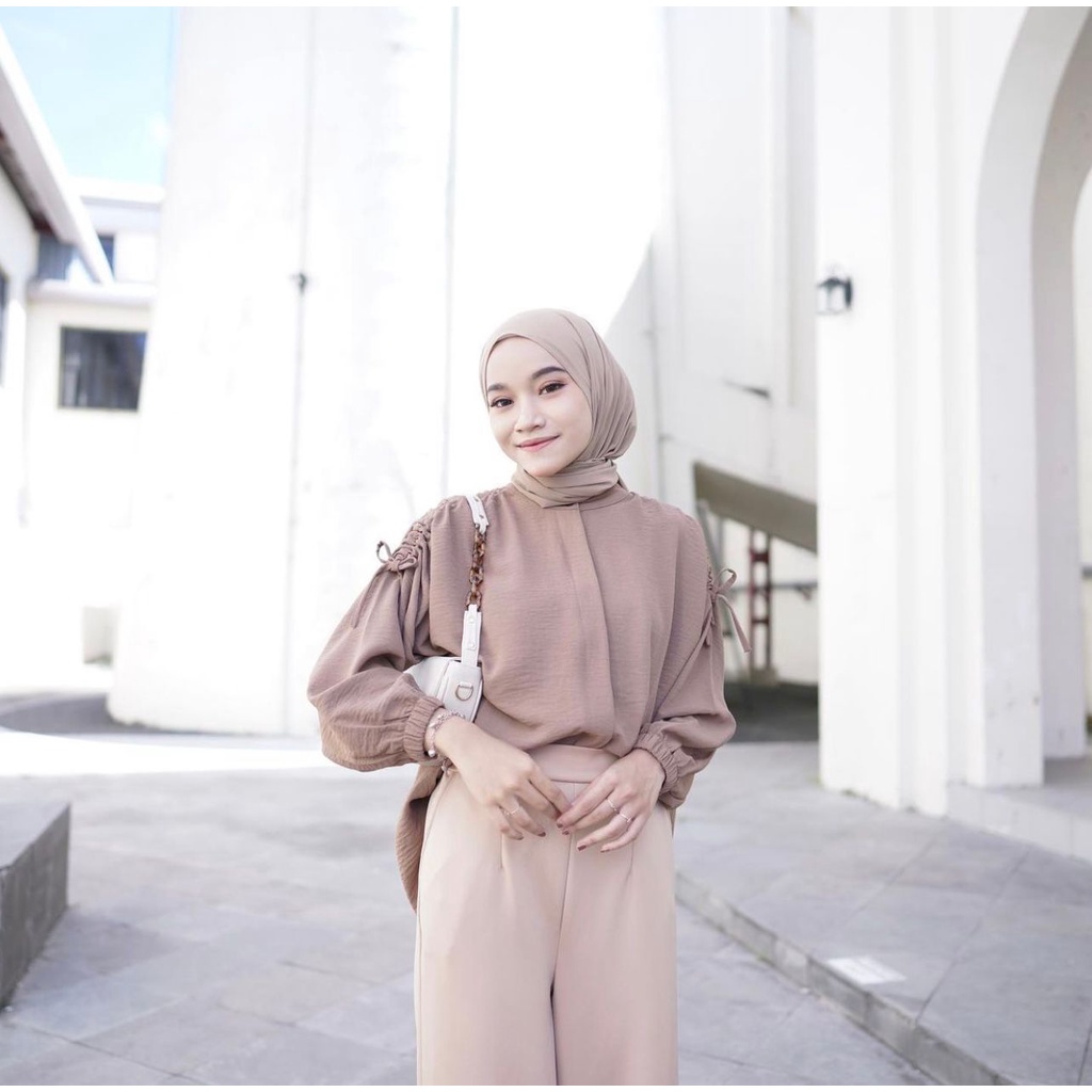 Blouse Wanita Crinkle Airflow SANI Atasan Serut Pundak Kerah Shanghai Kanan Kiri Full Kancing Depan L XL LD 120 Oversize OOTD Remaja Dewasa 2022