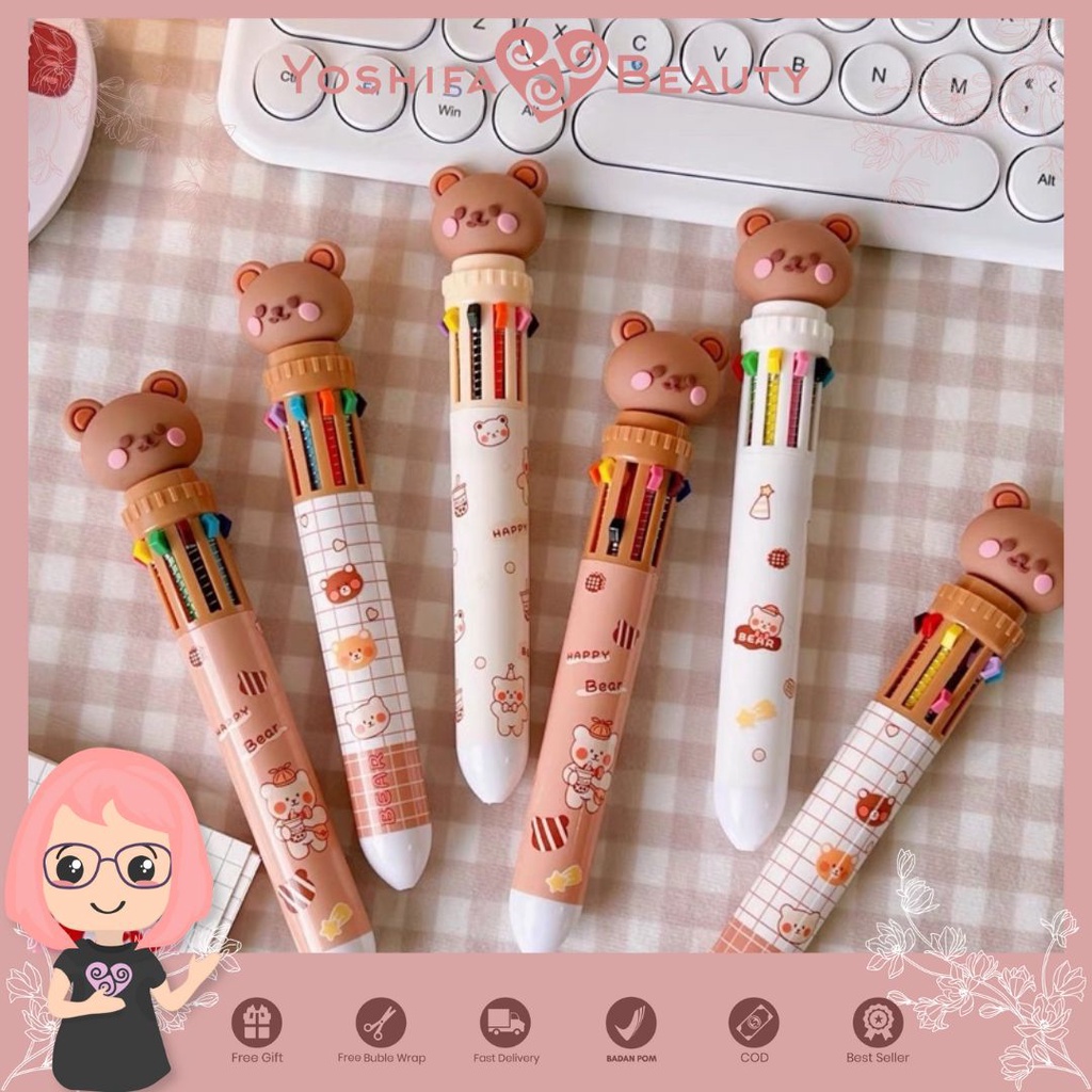 Pulpen 10 Warna Motif kartun Bear Pena Warna Warni | Pulpen 10 Warna Bentuk Kartun Beruang Lucu Untuk Sekolah  Kantor | Bolpoin | Pulpen Retracablee 10 warna 0,5 mm Bunny, Dino, Cow