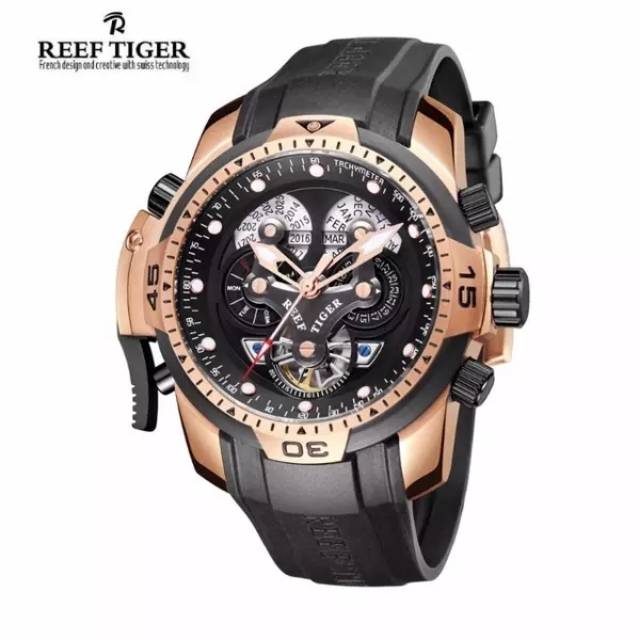 JAM TANGAN REEF TIGER AUTOMATIC AURORA CONCEPT BLACK GOLD ORIGINAL RESMI