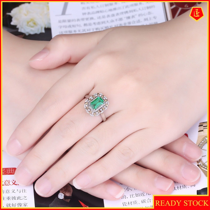 [Ready Stock]Elegant Emerald Square Diamond Ring 18K Gold Color Separation