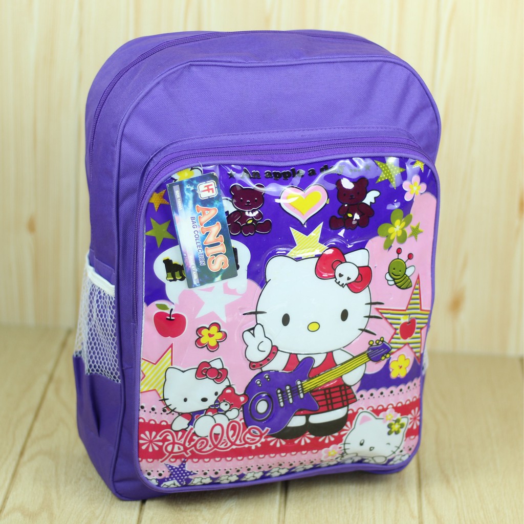 Tas Gendong Anak Cewek Motif Timbul Hello Kitty Ungu Ransel Sekolah TK PAUD SD Bahan Tebal Kuat Awet