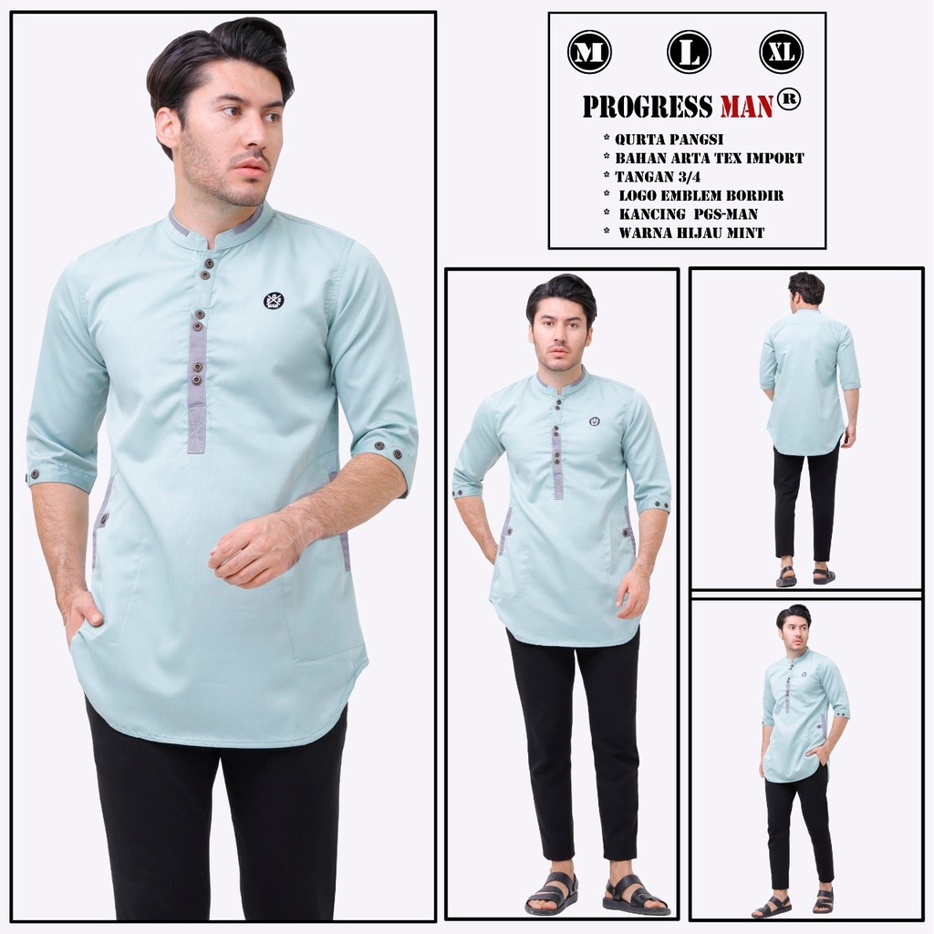 PROGRESS MAN baju koko pria lengan tiga perempat koko kurta pangsi kemeja koko pria lengan tiga perempat koko kurta pangsi baju kurta pangsi dewasa logo bordir Abu Muda P4N9S203