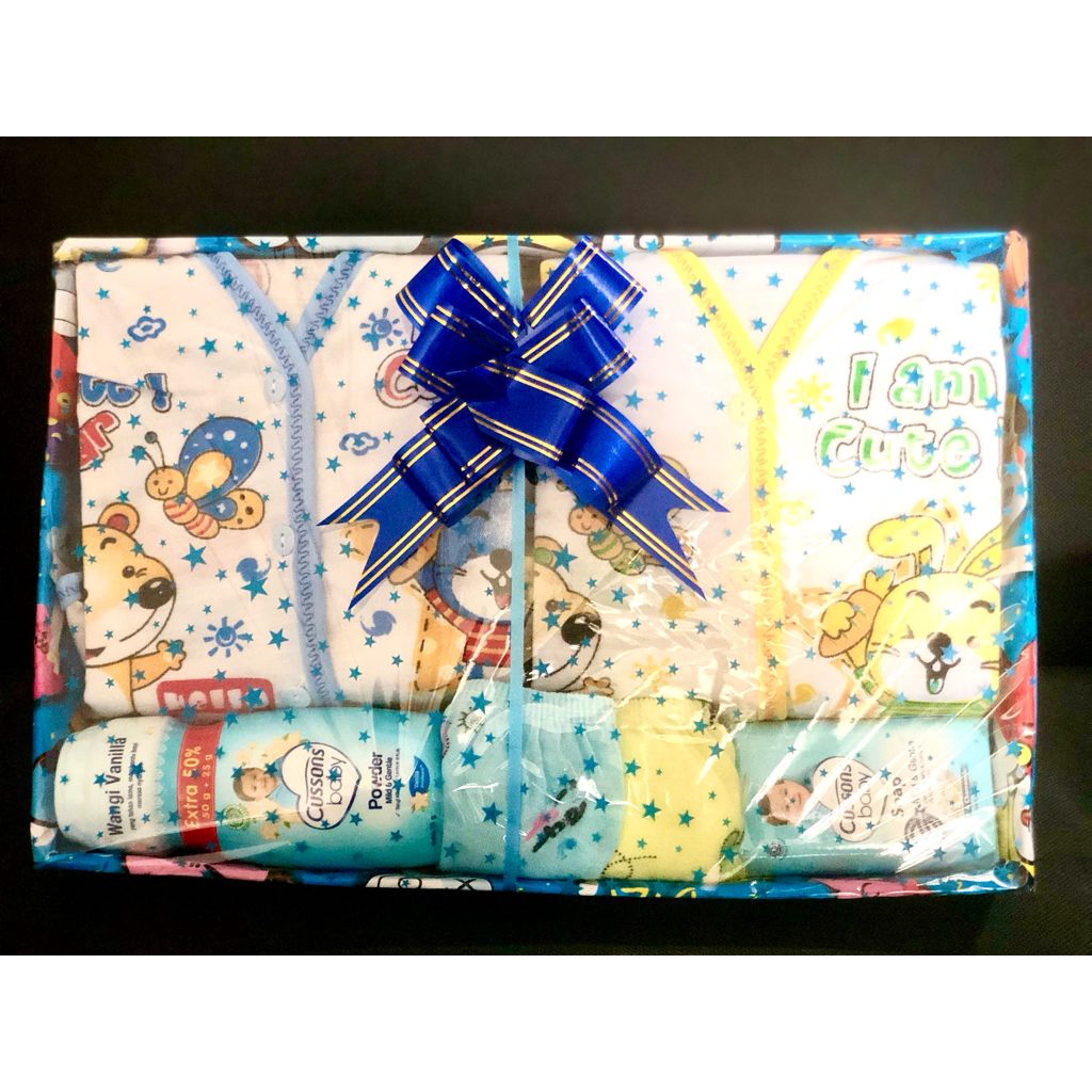 Kado Jenguk bayi / Kado Lahiran / Paket Kado Bayi Newborn / Baby Gift Box plus Setelan / parcel bayi-MIX Biru