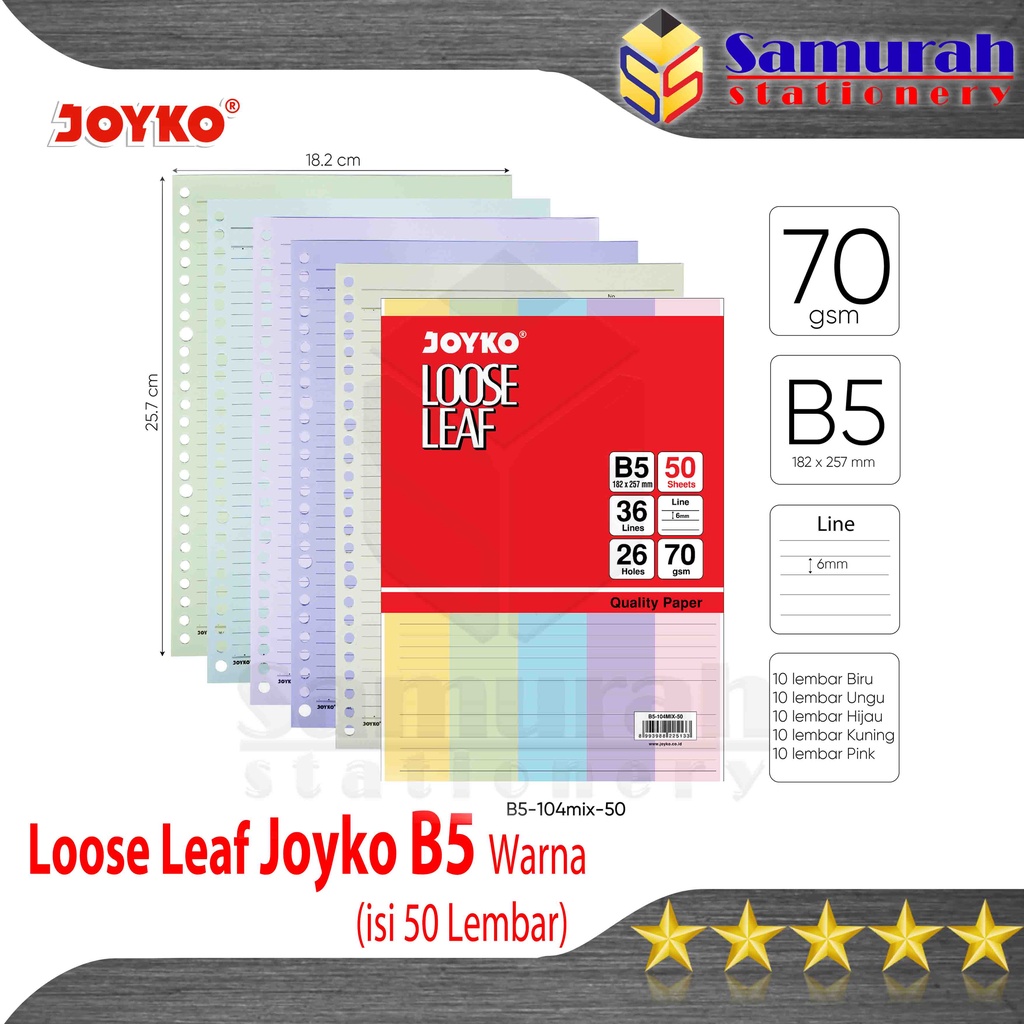 

Loose Leaf Joyko B5 - 104 Mix Color / isi Binder File B5 isi 50 Lembar 5 Warna Campur / Kertas Ukuran B5-104 26 lubang Bergaris