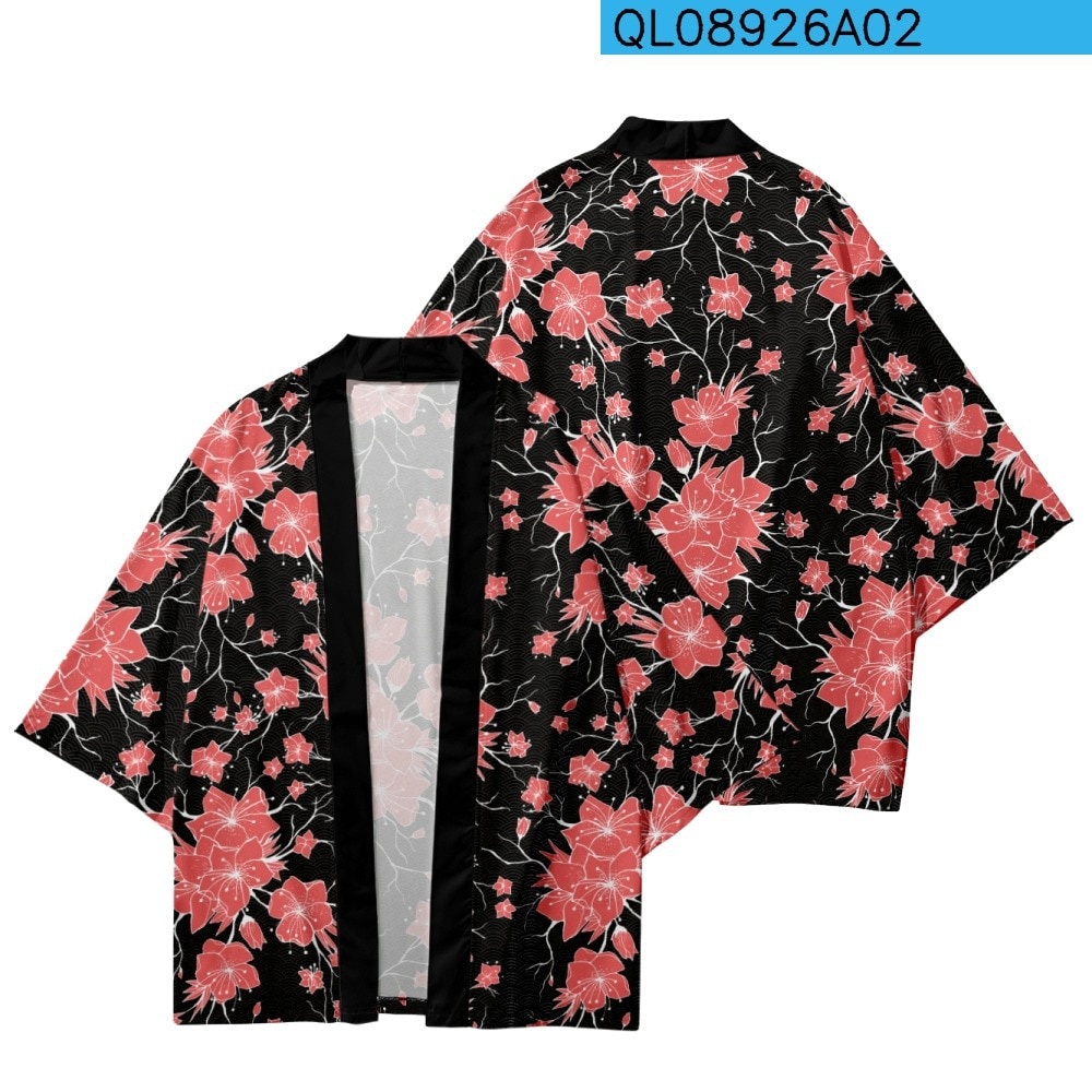 kimono outher kimono cowok Red Floral Printed Loose Japanese Black Kimono Streetwear Cardigan Robe S