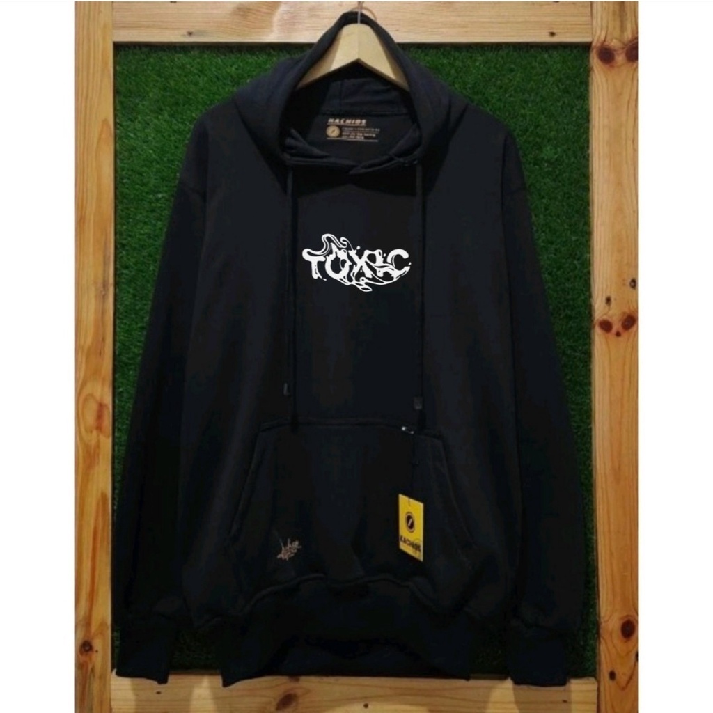 [Bayar Di Tempat] Sweater Hoodie Pria Kachios Warna Hitam List Toxic Terbaru Brand Distro Bandung Motif Simple