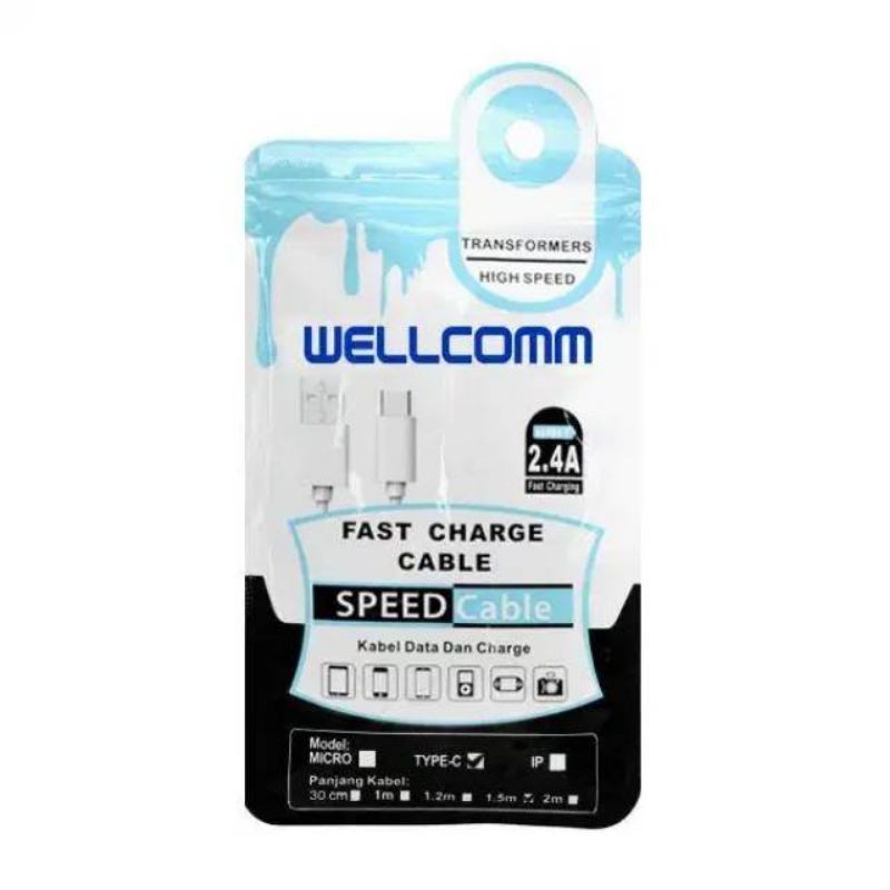 Wellcomm Flat Kabel data Type C Panjang 1.5 Meter Fast Charging 2.4A Cable charger usb type C