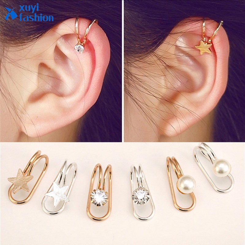 Korea Emas Mutiara Anting Bintang Kristal Telinga Klip Anting Fashion Perhiasan Wanita Aksesoris