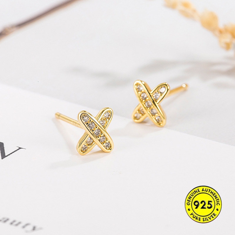 Anting Tusuk Bentuk Huruf X Hias Berlian Imitasi Untuk Wanita U1034