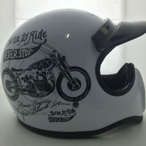 HELM CAKIL HBC BORN TO RIDE PUTIH ( Fullface / Retro / Klasik / Vespa )