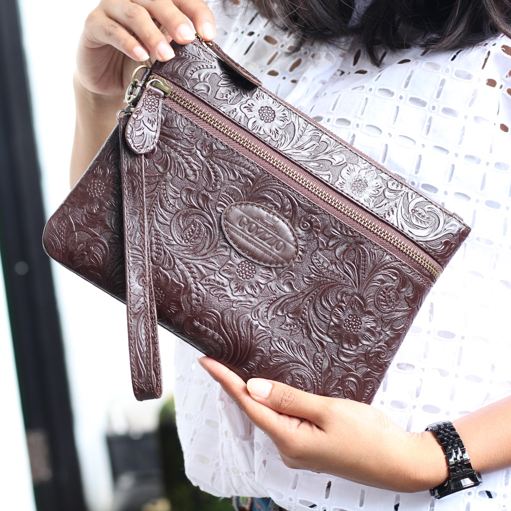 CLUTCH WANITA KULIT SAPI ASLI LAILY BATIK DOUBLE ZIPPER / FREE GRAVIR NAMA DI CLUTCH