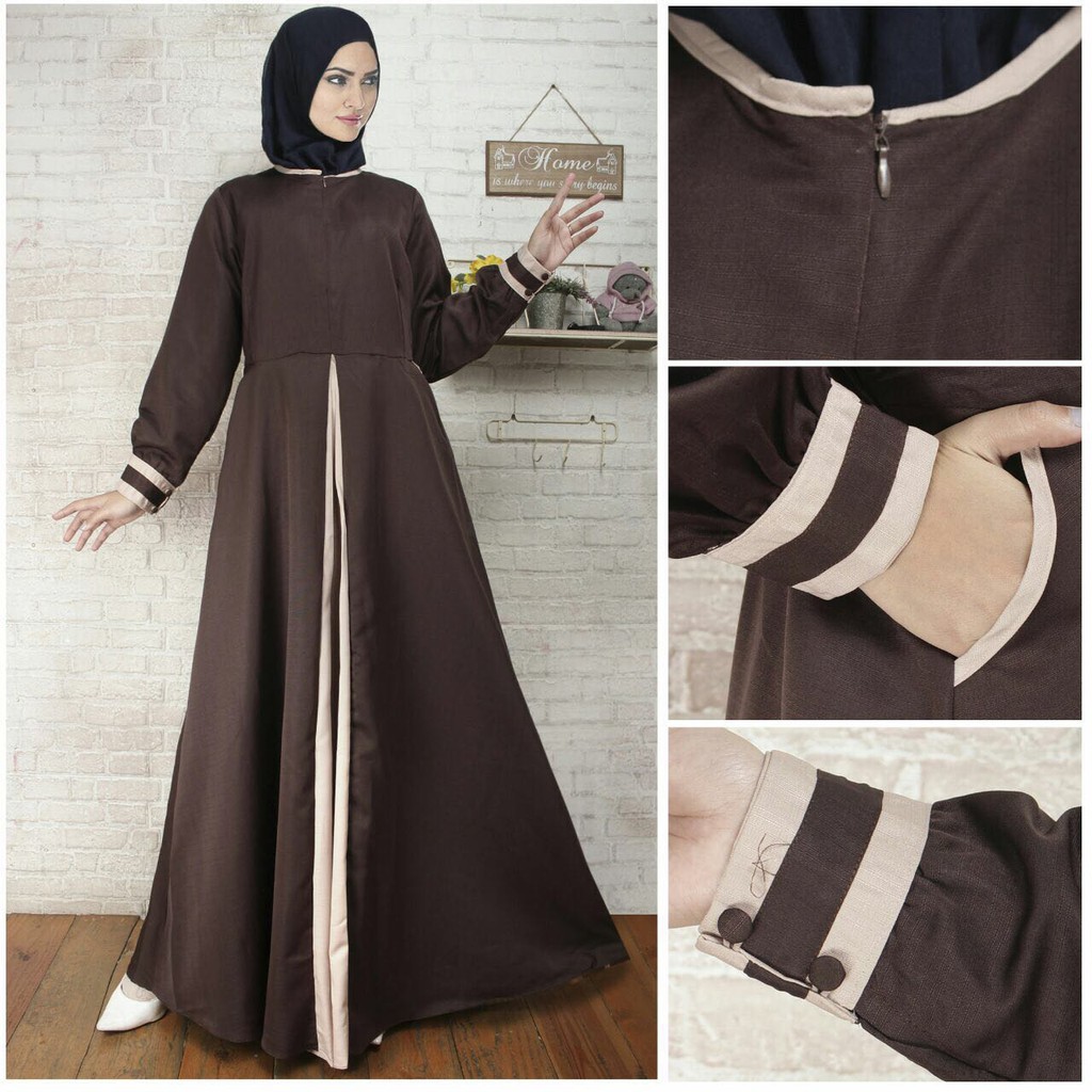 Gamis Syari Rashiq 14 Coelat  Tua Combi Cokelat Muda
