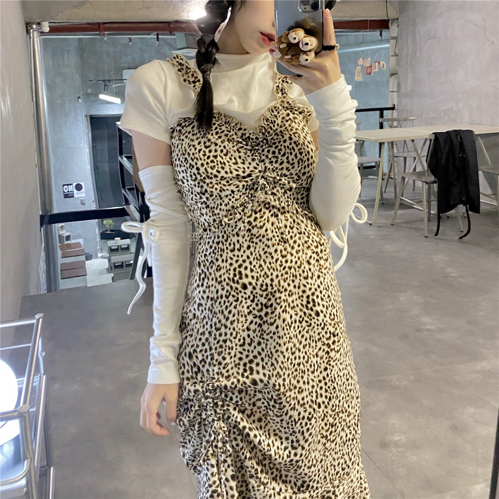 Musim semi gaya Korea Chic hantu kuda gadis liar dan lembut leopard print rok suspender + keinginan