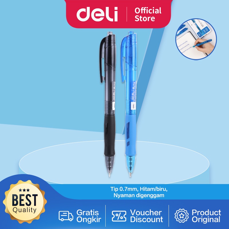 

Deli Retractable Ballpoint Pulpen Cetek Tip 0.7 mm Warna Hitam Biru EQ17-BK EQ17-BL