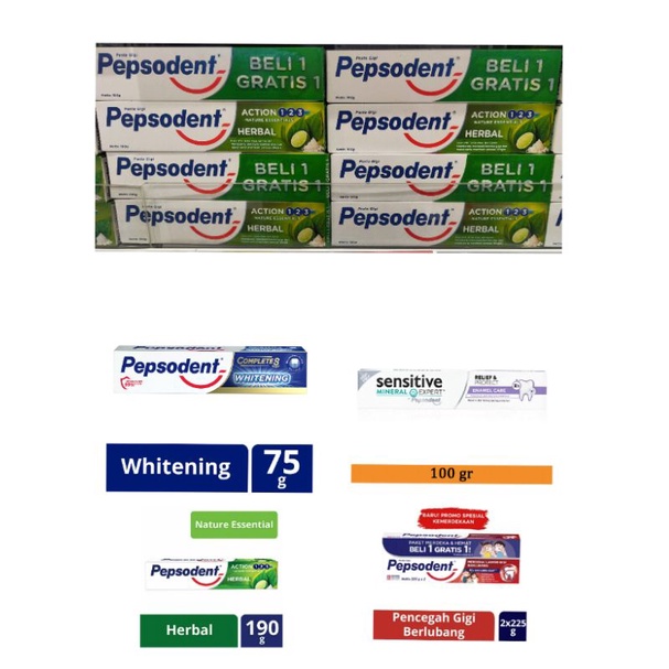 TERMURAH PEPSODENT 225gr isi 2 PROMO, SENSITIVE ENAMEL , WHITENING 75GR, HERBAL 190-100%ORIGINAL