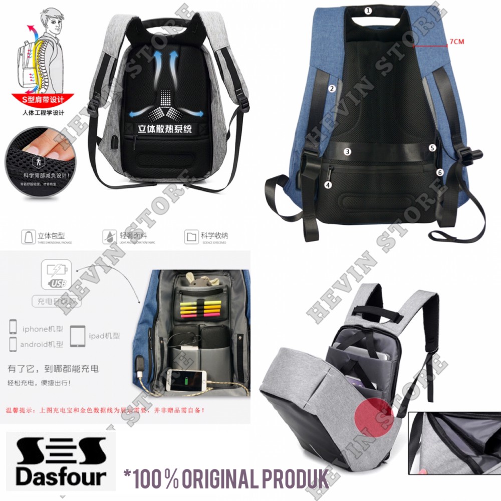 TAS ANTI MALING ORIGINAL DASFOUR HIGH QUALITY WATERPROOF PLUS USB