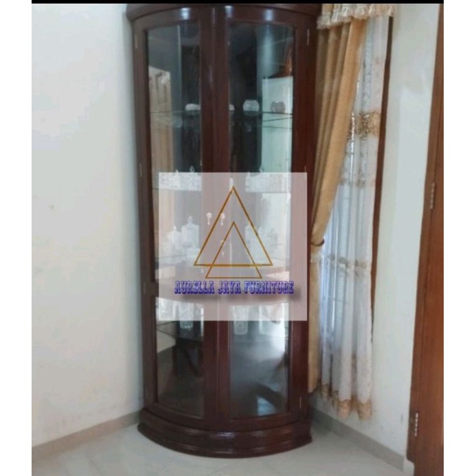 lemari sudut kaca / lemari hias full kaca / lemari kaca kayu jati