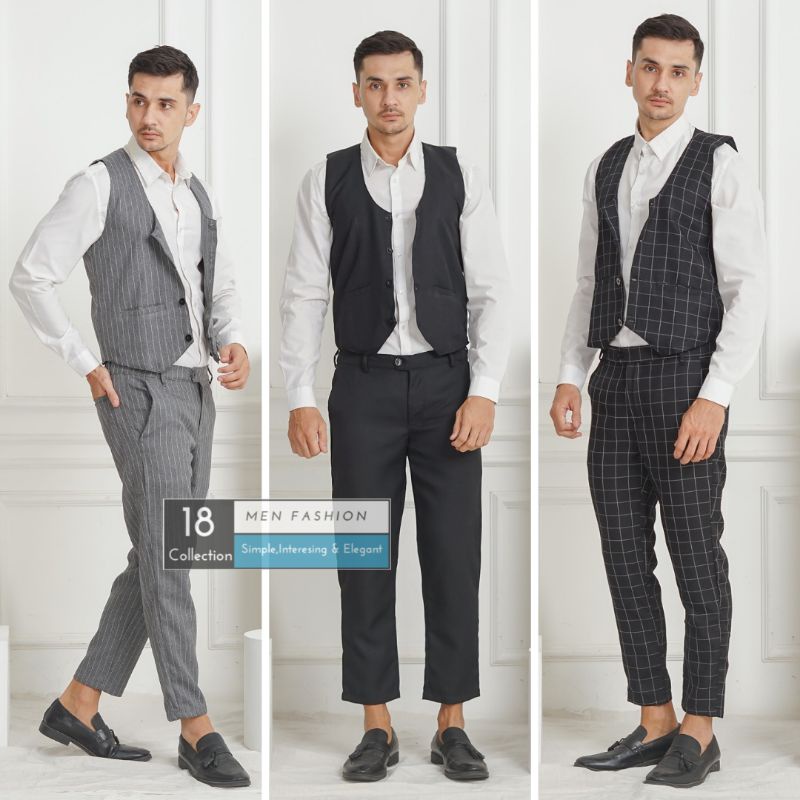 18Collection - Vest One Set Formal Motif &amp; Polos Rompi Groomsman Premium [Bisa COD]