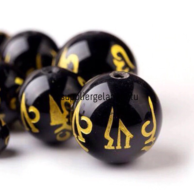 renceng batu tibetian hitam lucky bead black gold 10mm impor akik