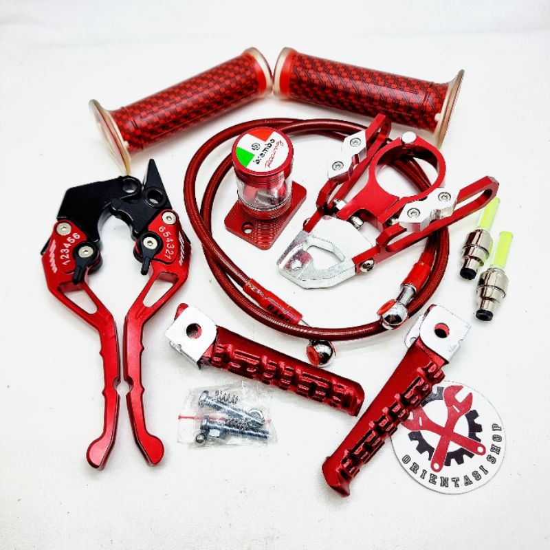 Handle sisik stelan cnc satria fu + handgrip carbon + selang rem depan 95cm + kleman selang + footstep vixion + stempel kaca FREE TUTUP PENTIL VARIASI random untuk motor satria fu, verza, sonic, cb, cbr cb150, tiger