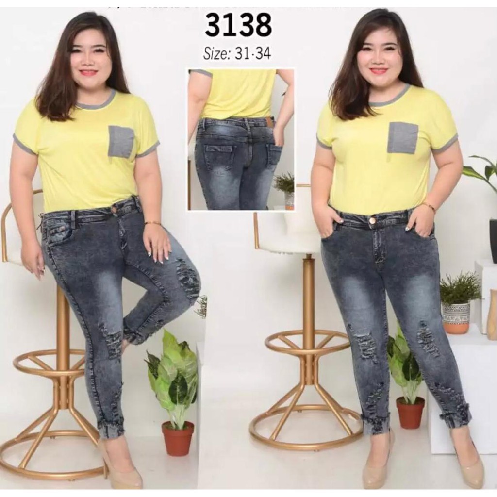 Celana Jeans Wanita Pensil 7/9 Stik Balik Sobek Tambal 31-34 35-38 Bisa Bayar Ditempat(COD)