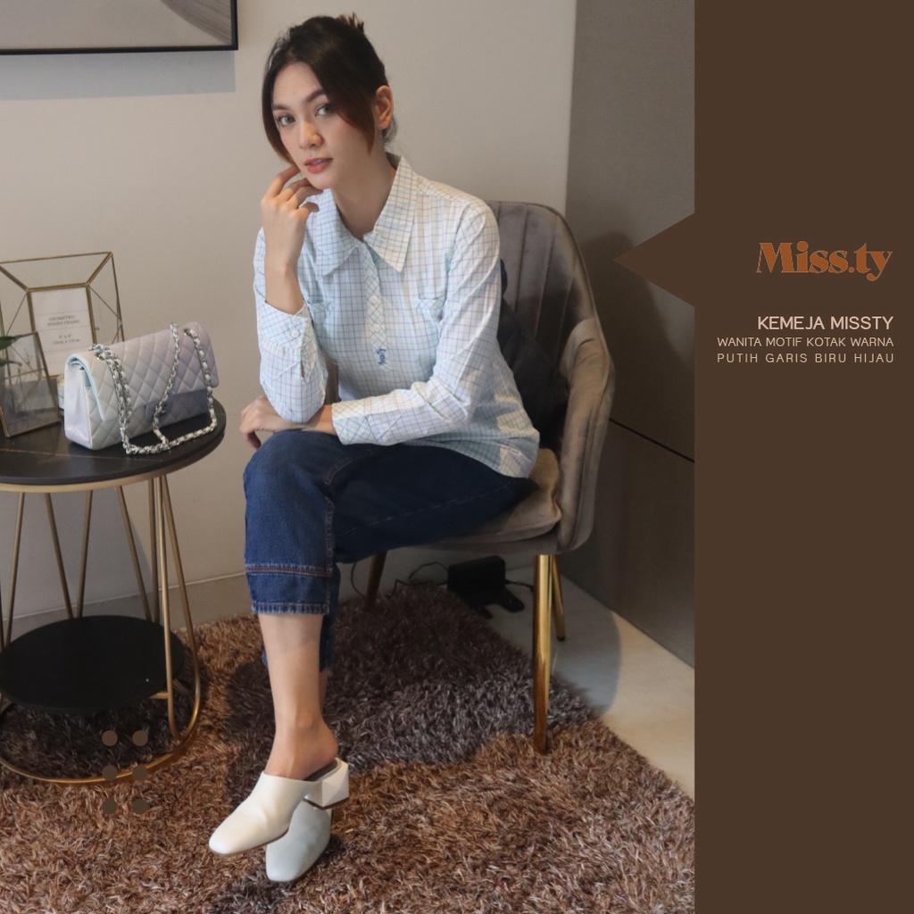 Kemeja Missty Wanita Motif Kotak Warna Putih Garis Biru Hijau (36559)