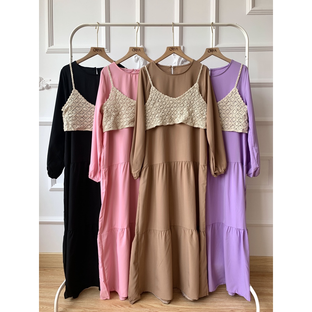 Bella Korean Style Basic Maxi Dress with Crochet Vest 2 in 1 / Gamis Polos Import Wanita dengan Rompi Rajut Kekinian 2DE