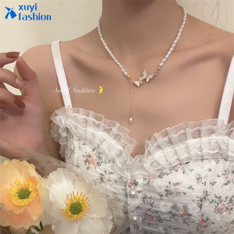 Kalung Choker Rantai Desain Kupu-Kupu Aksen Mutiara Kristal Untuk Wanita