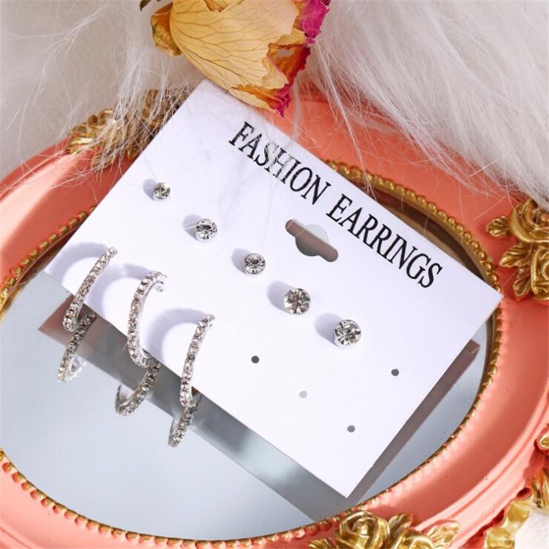 [ACKER] 8Pcs/set Berlian Imitasi Kombinasi Ear Stud Hoop Earrings Set Aksesoris Perhiasan Fashion Perhiasan Korea Kecil Anting-Anting Pabrik