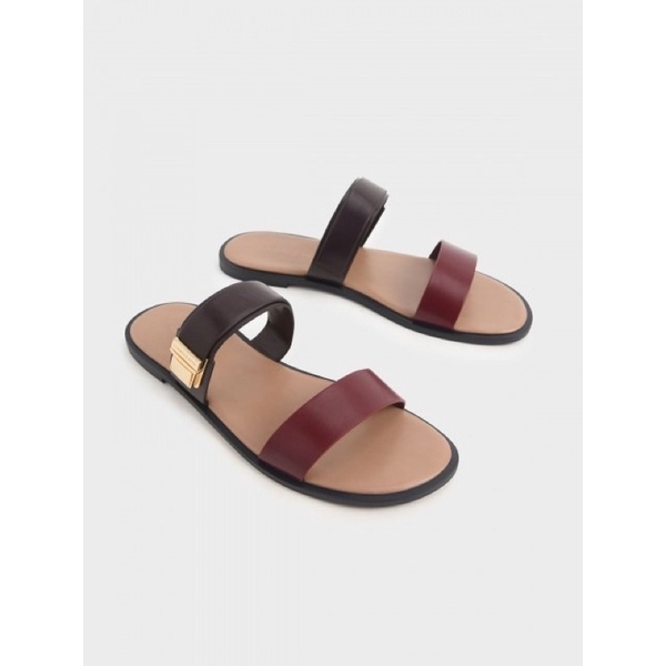 Sepatu Sendal Kulit Wanita CK Flat Buckle Leather Double Strap Slide Sandals Premium Import Hitam Bl