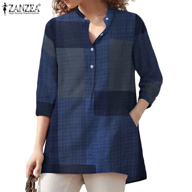 ZANZEA Women Lpng Sleeve Vintage Plaid Printed Loose V-Neck Blouse