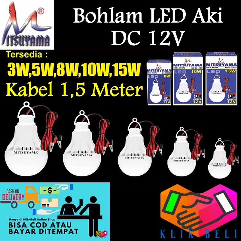 Lampu Bohlam DC 12V Bohlam Aki Jepit Baterai LED Putih Mitsuyama Panjang Kabel 1,5 Meter