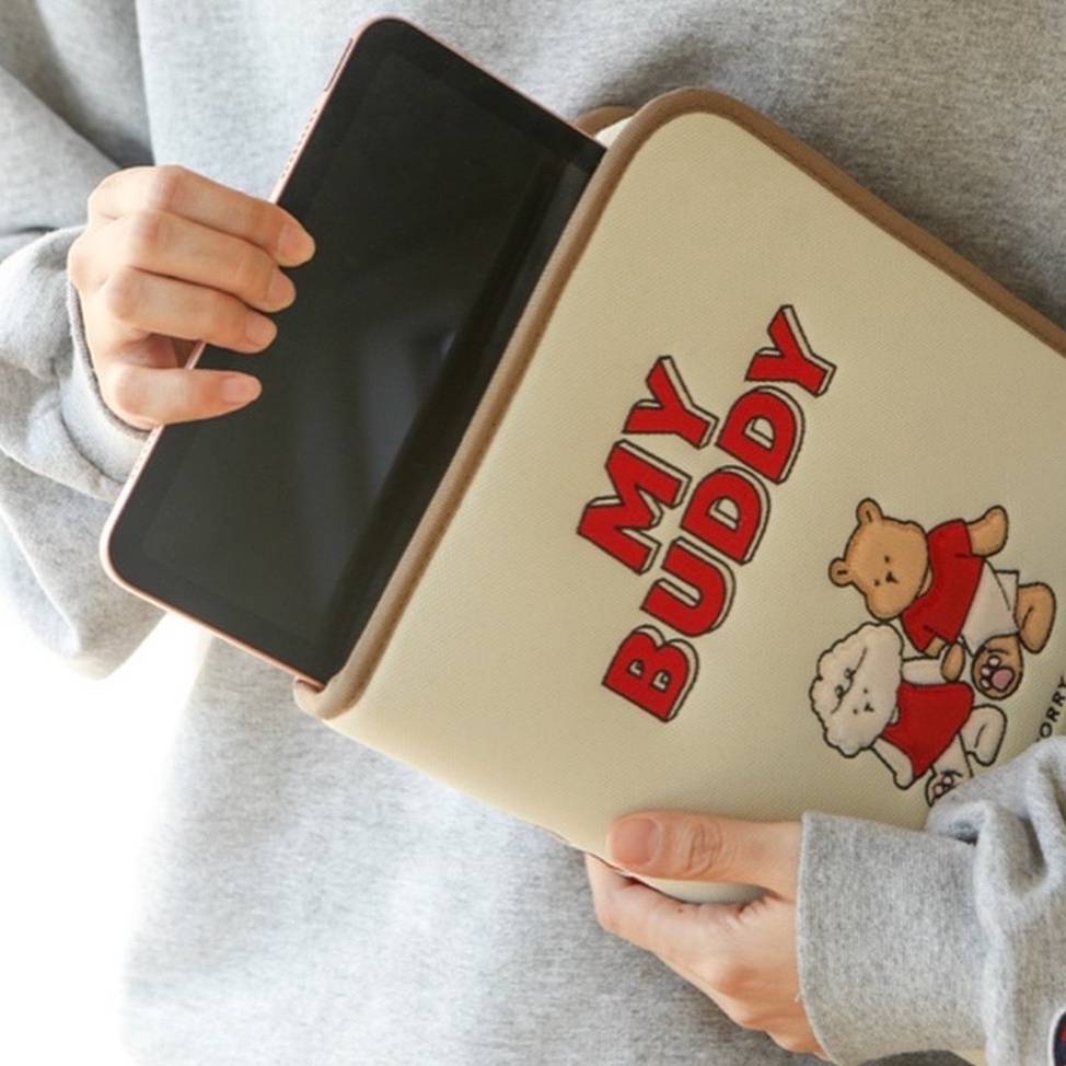 Sleeve Pouch Sarung Tas Bag Case Ipad Tab Tablet Macbook Air Pro Laptop Asus Acer Lenovo HP Huawei 11 12 13 14 15 inch Motif Gambar Kartun Bear Beruang Poodle Warna Biru Navy Putih White Cute Murah Korean Model Kanvas Canvas Waterproof Air Slot Stationary