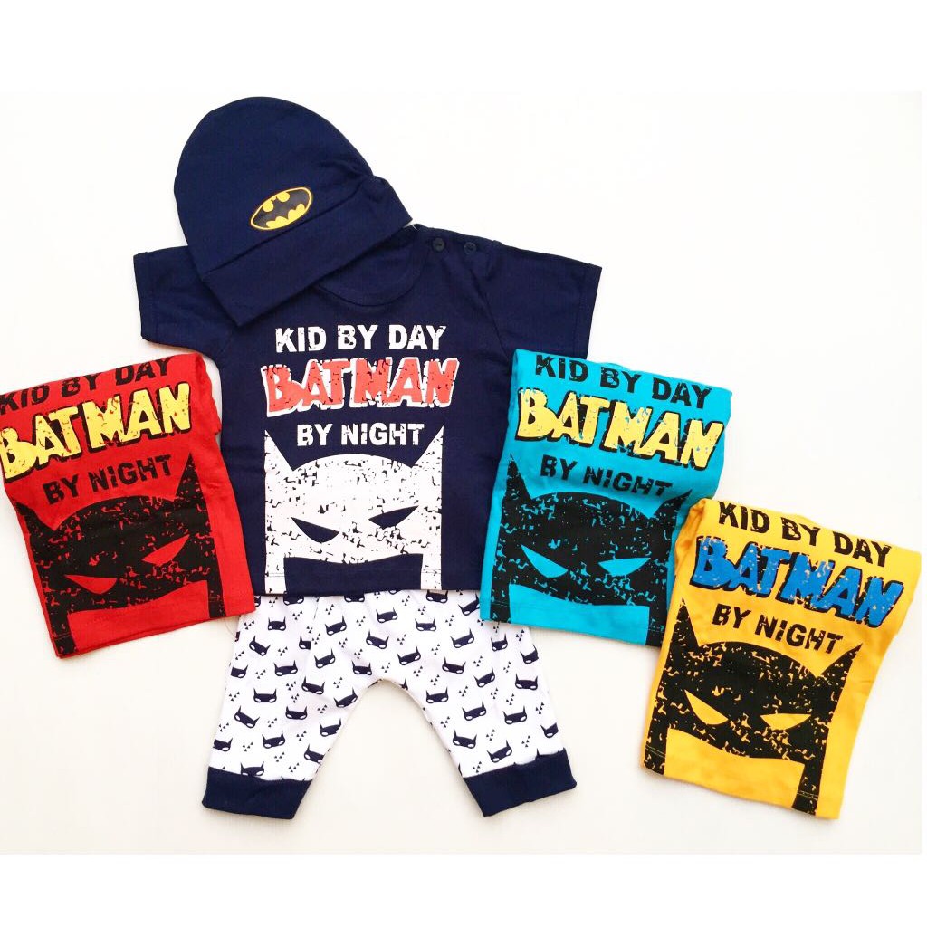 BATMAN KID Baju Setelan Kaos Celana Pergi Jalan Topi Lucu Fashion Anak Bayi Cowok Laki Terlaris