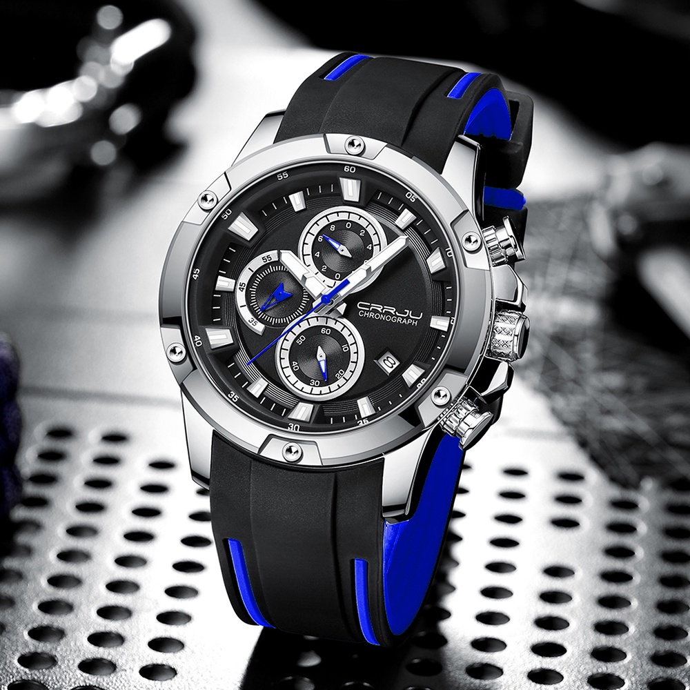 Jam Tangan Pria CRRJU Fashion Tahan Air Chronograph Dark Glow Jam Jam Tangan Karet