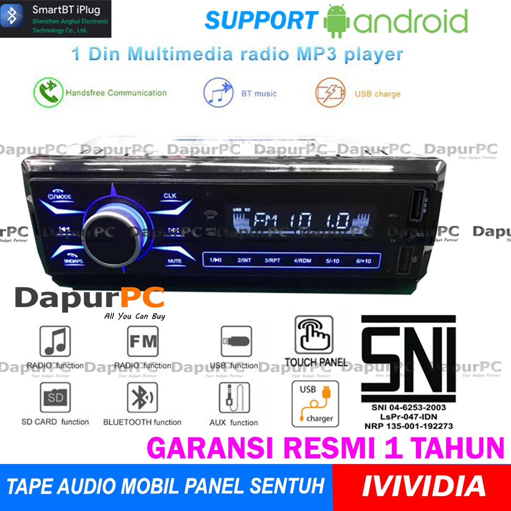 Single Din Mobil Bluetooth Mp3 Panel Sentuh GARANSI SNI IVIVIDIA Audio Tape Support Android
