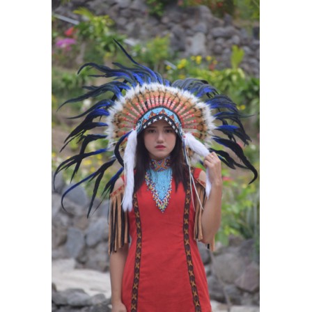 TOPI INDIAN-INDIAN HEADDRESS SMALL AYAM MONTE BIRU FUR PUTIH