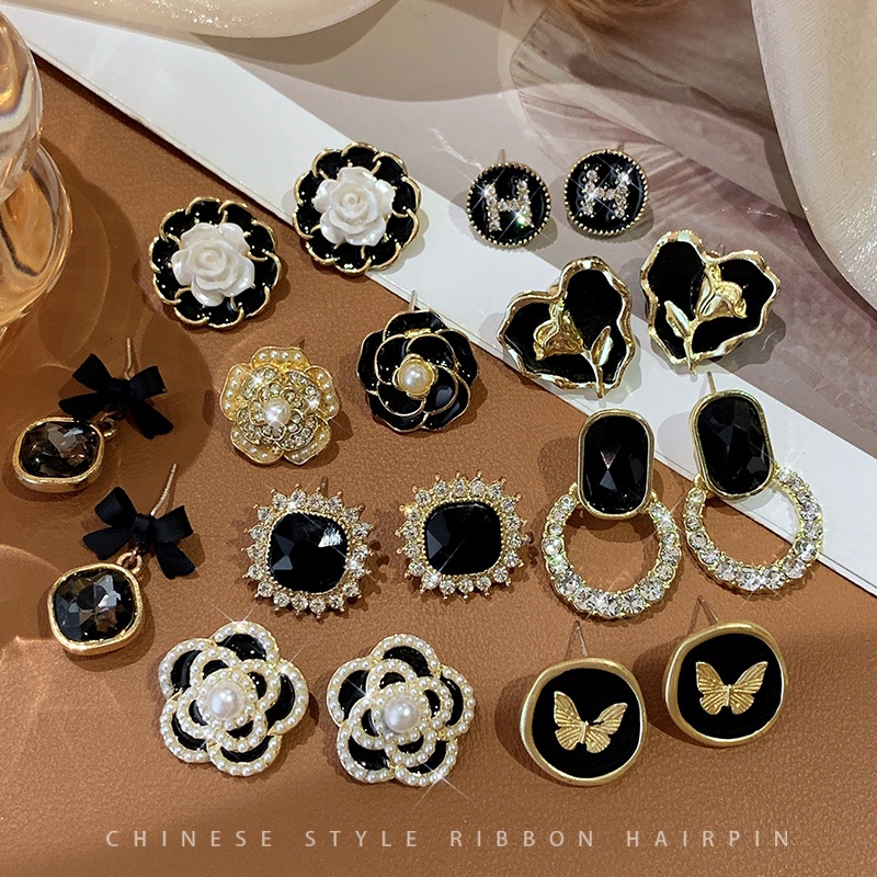 Anting Stud Hias Mutiara Hitam Gaya Vintage Korea Untuk Wanita