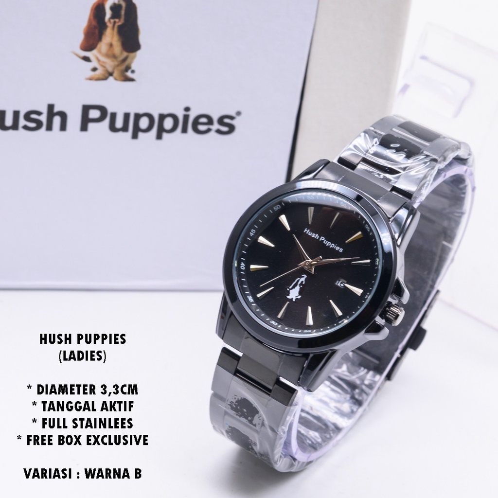 (BISA COD) JAM TANGAN WANITA HUSH PUPPIES H-069 RANTAI BODY BULAT TANGGAL AKTIF