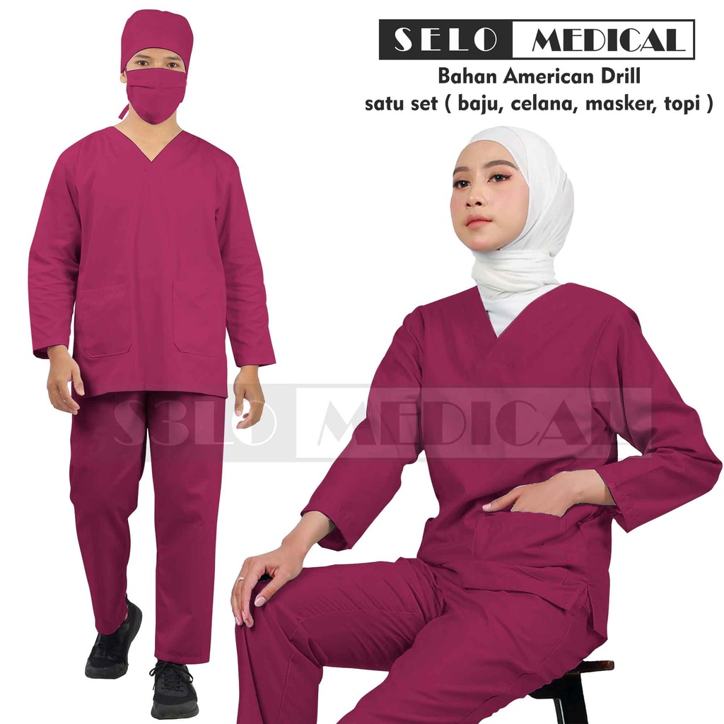FREE BORDIR NAMA Baju OK, Scrub Lengan Panjang, Baju Medis Lengan Panjang Bahan Cotton American Drill