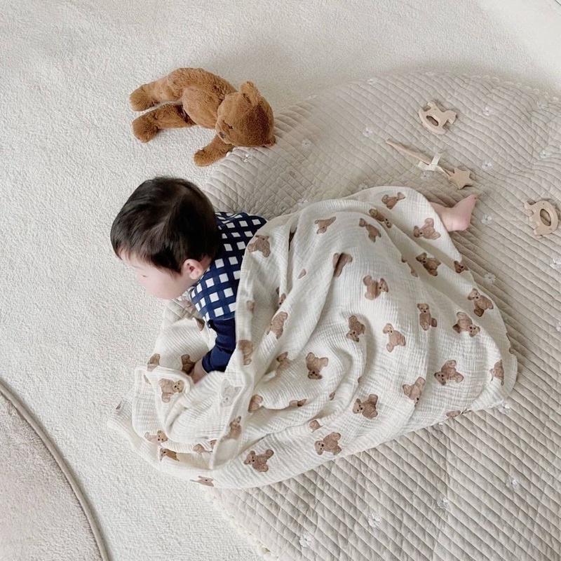 Teddy bear muslin stitch blanket /Lenuna Pure cotton blanket / selimut bayi