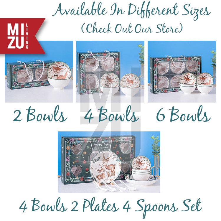 MIZU HAPPY LIFE 10in1 SET 4 Bowls 2 Plates 4 Spoons Mangkok Keramik Piring Sendok Ceramic Gift Set