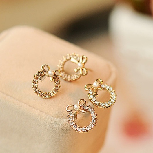 Korean version of fashion new popular diamond rhinestone pearl bow stud earrings 210807