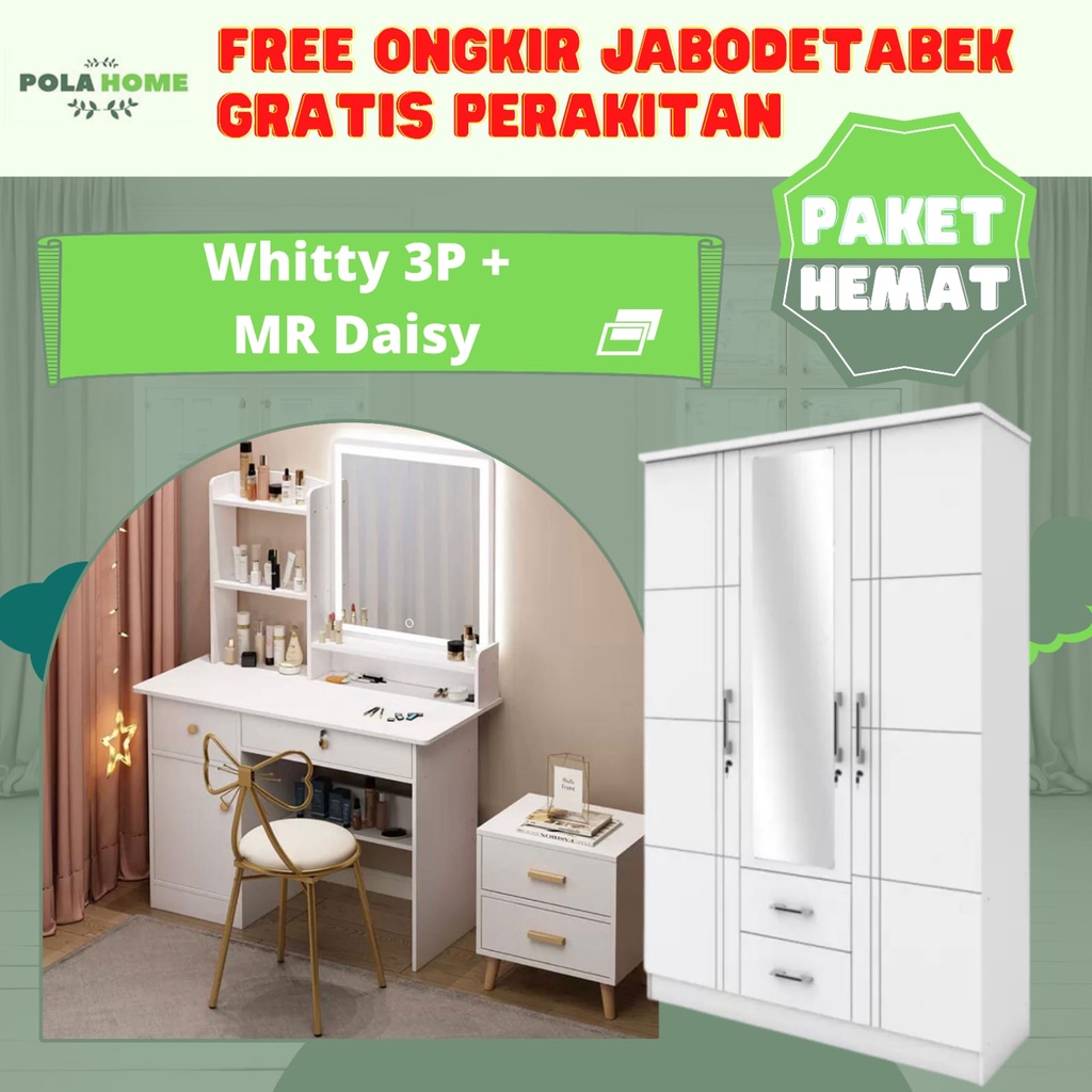 GRATIS ONGKIR + RAKIT Paket Hemat Furniture Ruang Kamar Lemari Pakaian 3Pintu dan Meja Rias