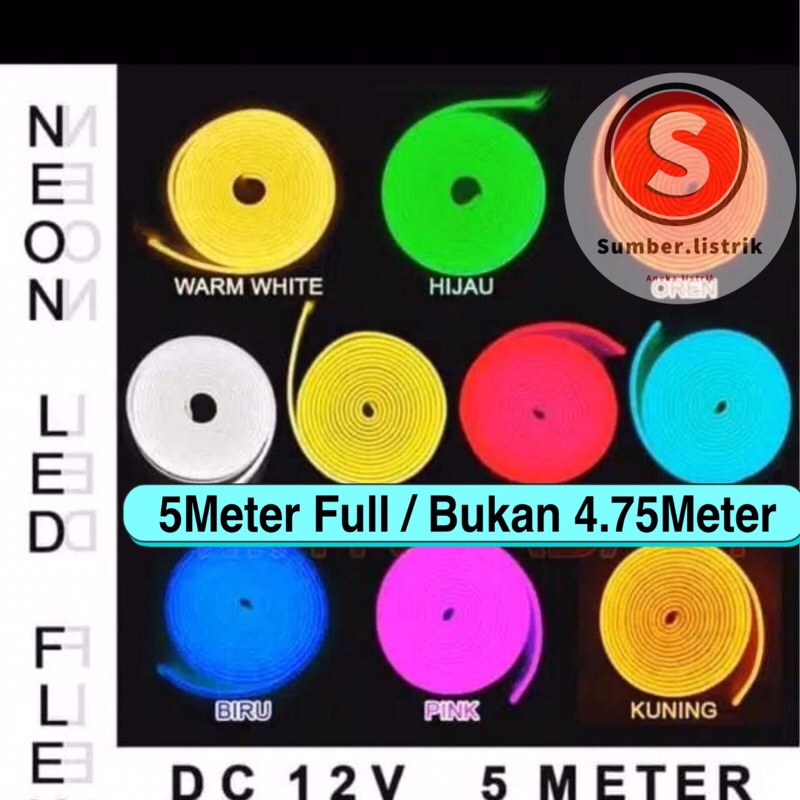 NEON FLEX Lampu Led 12V 5m LAMPU  LED SELANG 12v PANJANG 5M KUALITAS SUPER 12V