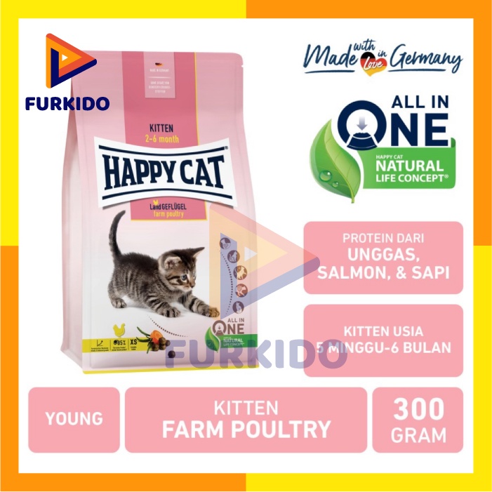 Happy Cat Kitten Farm Poultry 300 Gr / Makanan Kering Kucing