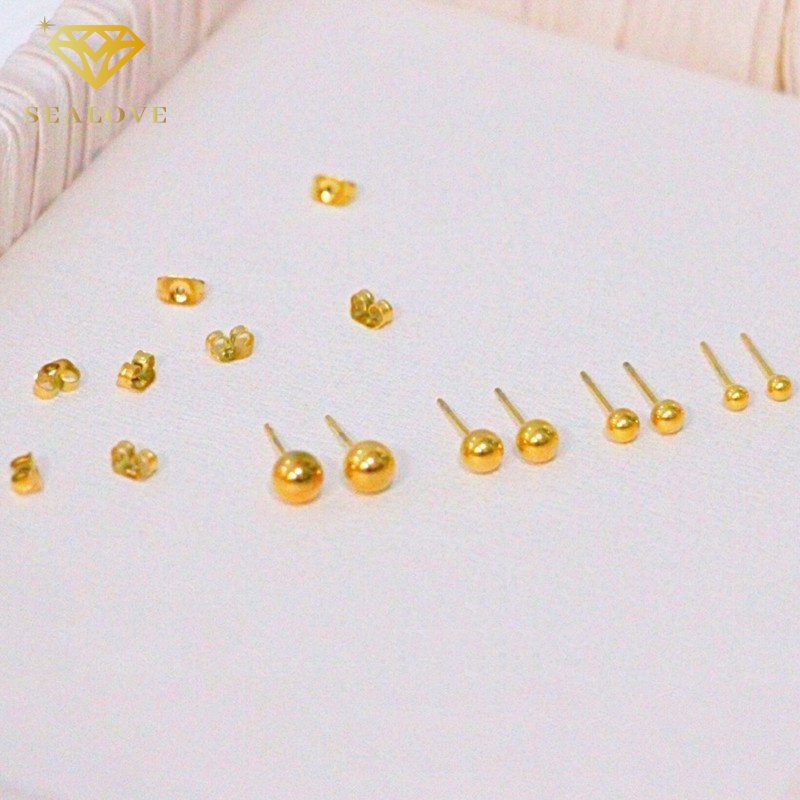 SEALOVE Anting Titanium Wanita Anti Karat Needle Bentuk Emas Bola Manik-Manik Stud Earrings Hypoallergenic Ukuran Kecil 4MM 6MM