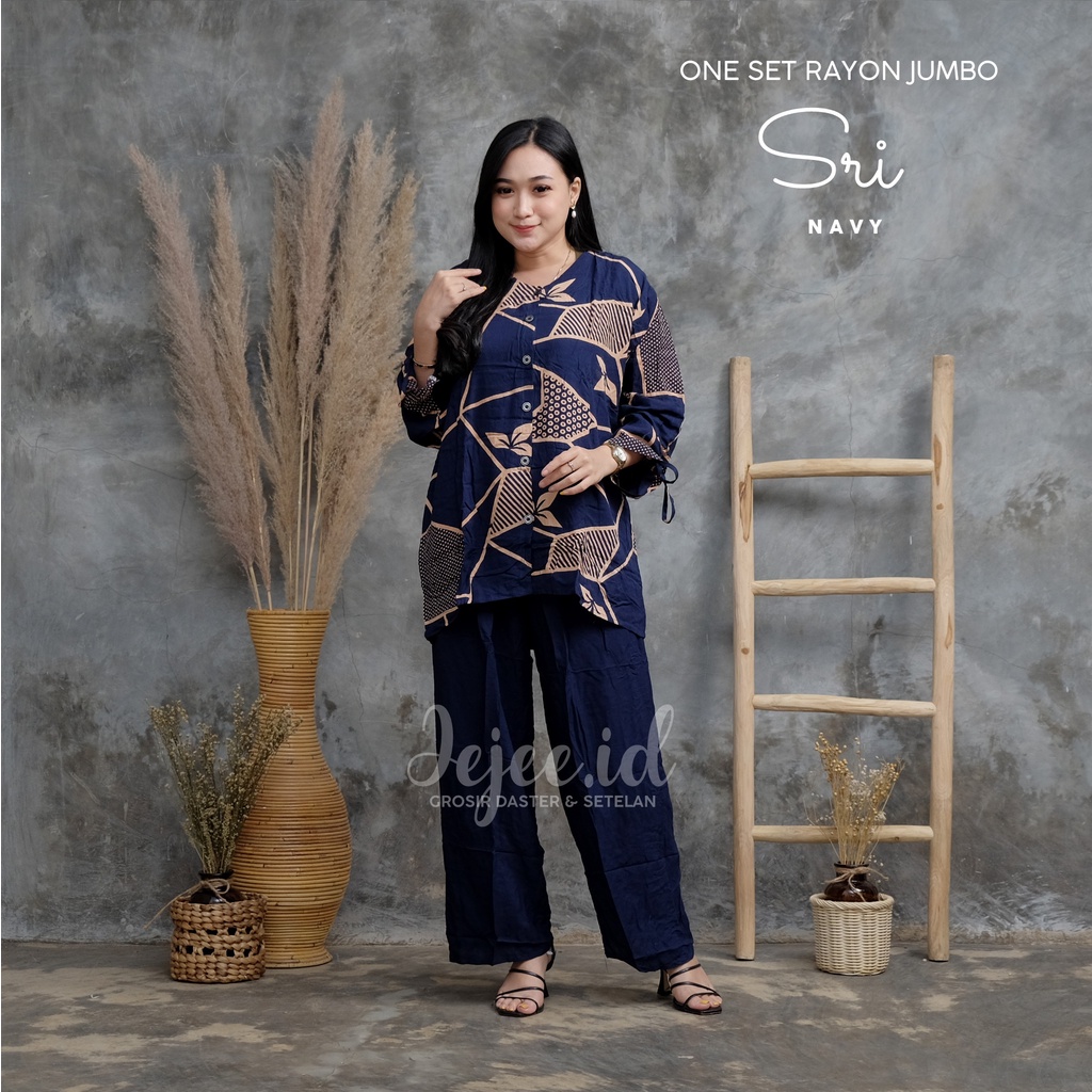 SETELAN RAYON JUMBO LD 120 CM BIG SIZE SUNDARI SET PIYAMA TIE DYE LENGAN PANJANG KANCING-SRI-NAVY
